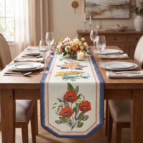 Artoid Mode Beige Blue Floral Farmhouse Linen Table Runner 13x72 Inch - Durable & Elegant Home Decor