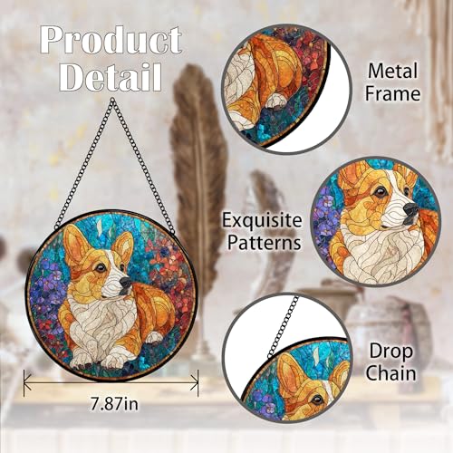 Corgi Flower Stained Glass Suncatcher - 7.9 Inch Window Decor