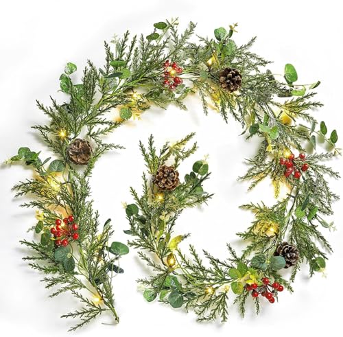 Brightown 6ft Christmas Garland with Lights, 2 Pack, Battery Operated, Pine Cones & Red Berries