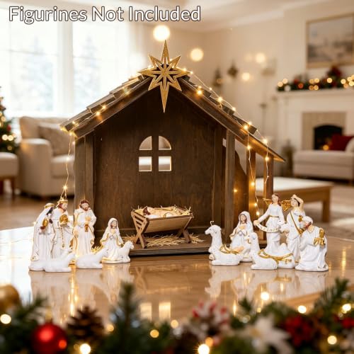 Fangoo 12'' Wooden Nativity Scene Stable with Roof Star & String Lights