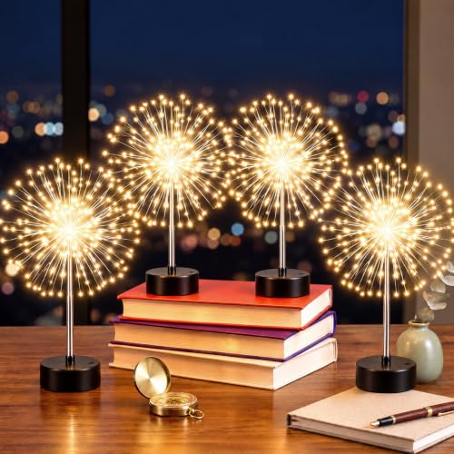 Tujoe 4 Pcs Halloween Firework Lights Table Centerpiece - Warm White (4/ Warm White)