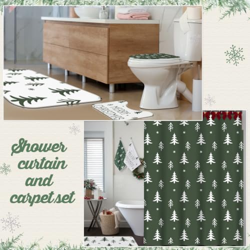Vesici Xmas Tree Shower Curtain Set - 7 Pcs Waterproof Bath Ensemble with 12 Velvet Bows