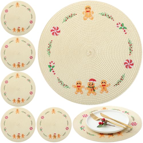 Remerry Christmas Gingerbread Man Round Placemats Set of 6 - Holiday Table Decor