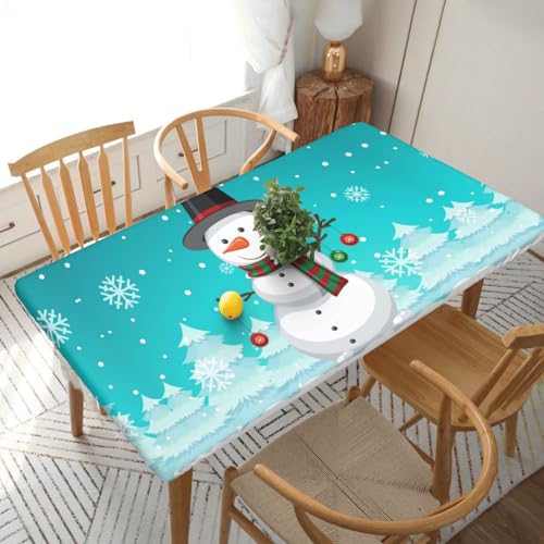 Fiokroo 60x30 Inch Xmas Snowman Xmas Tablecloth with Elastic Edge for Rectangular Tables