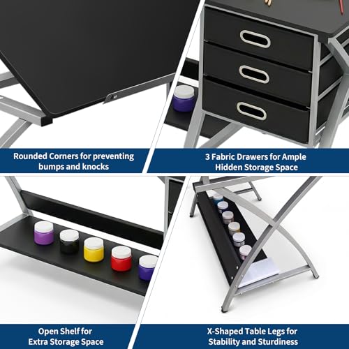 Adjustable Drafting Table with Stool and 3 Drawers for Artists