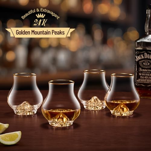 DUJUST 4-Pack Curvaceous Whiskey Glasses Set of 4, 7oz Crystal Glasses with 24K Gold Mountain, Old Fashioned Glass for Whiskey Brandy Cognac Tequila, Gift Ready