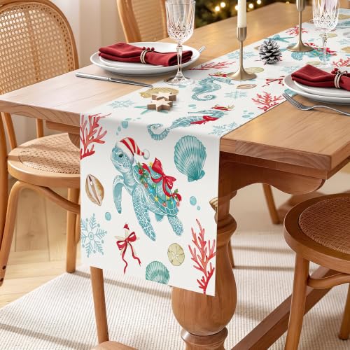Bonhause 13 x 90 Inch Christmas Coastal Table Runner with Turtles & Seahorses