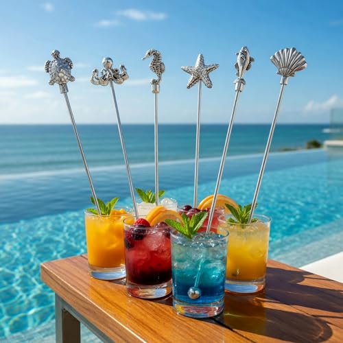 Homestia Ocean Series 6-Piece 7.5'' Metal Coffee & Drink Stir Sticks with Animal Tops