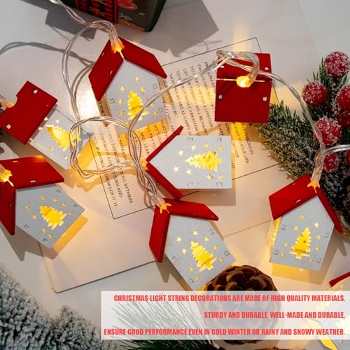 Christmas Wooden House String Lights - 6.56 FT 10 LEDs, Battery Operated Xmas Tree Decoration - Variation of Xmas Tree