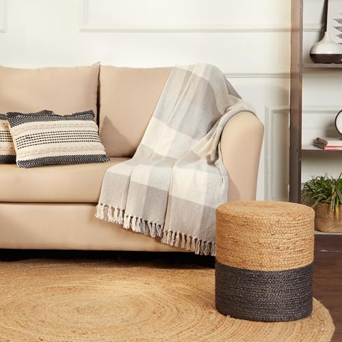 Handwoven Jute Braided Cylinder Pouf Ottoman, Gray 14.5-inch Foot Stool