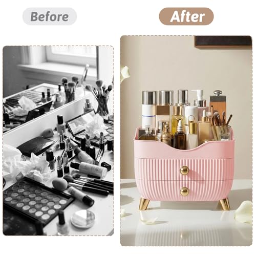 Pink Makeup Organizer with Drawers & Top Compartment - Large Capacity Vanity Storage