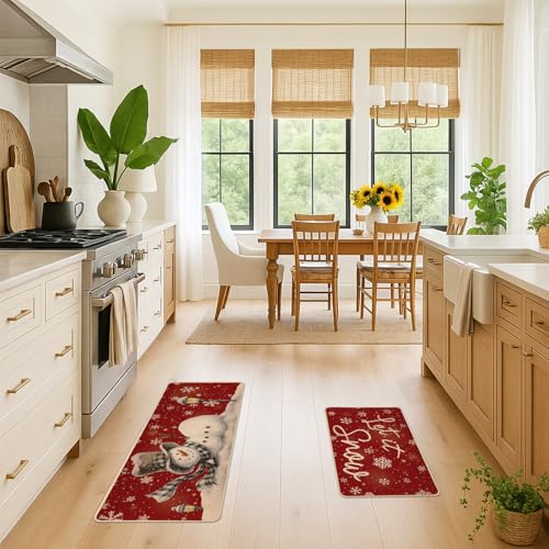 Siilues Red Christmas Kitchen Mat Set of 2, 17x29 and 17x47 Non-Slip Snowman Rugs