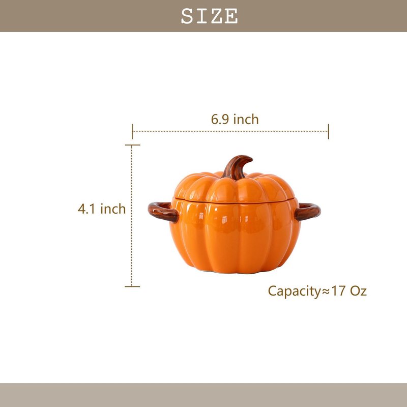 FYUEROPA 2 Pcs Pumpkin Bowl Set with Lid and Handle, 17 Oz Ceramic Ramekins for Baking, Casserole Dish Individual Severing Pot, Stoneware, Oven Safe (Orange)