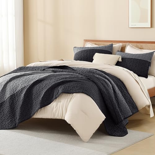Litanika Queen Quilt Set, 3 Piece Black and White Stripe Coverlet Bedspread