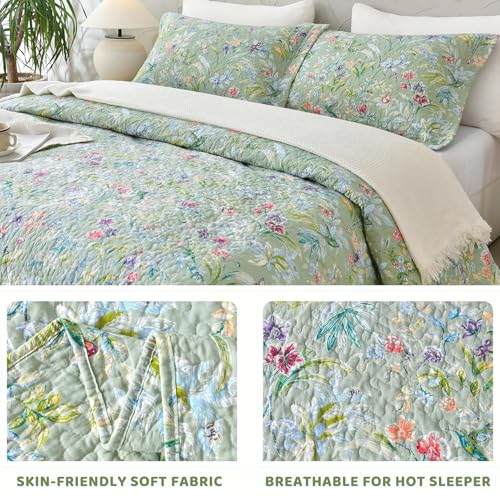 Sanracie Oversized Queen Quilt Bedspread Set - 100% Cotton Botanical Print 3Pcs