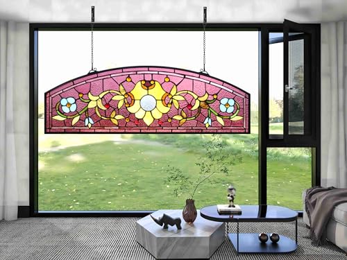 32-Inch Stained Glass Window Hanging Panel - Arched Half Round Shade