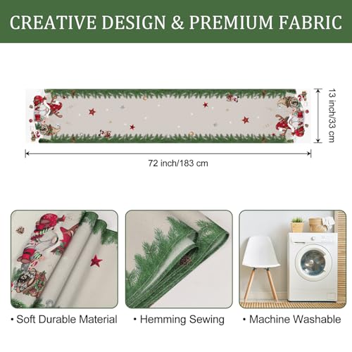 Bonhause Christmas Gnomes Table Runner 13x72 Inch with Pine Branches – Seasonal Holiday Kitchen Decor