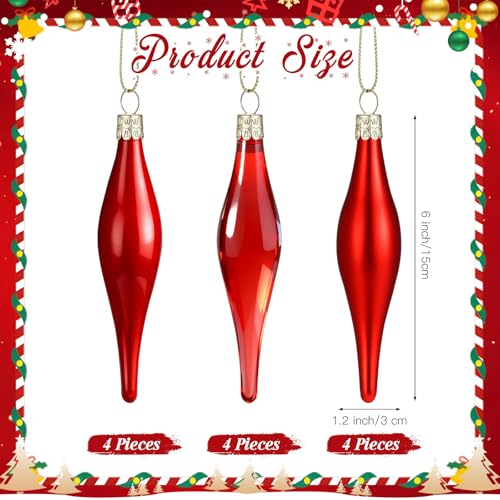 Seenelling 12 Pcs Red Glass Teardrop Christmas Ornaments - 3 Styles