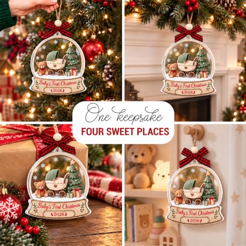 Baby's First Christmas Snow Globe Ornament 2026 - Keepsake, Wooden & Acrylic