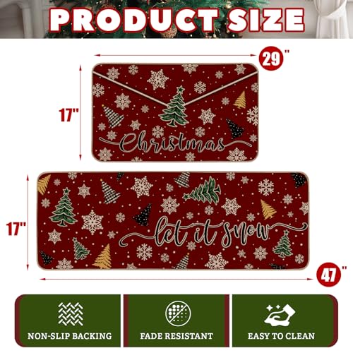 Moutina Let It Snow Christmas Kitchen Rugs Set of 2, Red 17x29 & 17x47 Inch