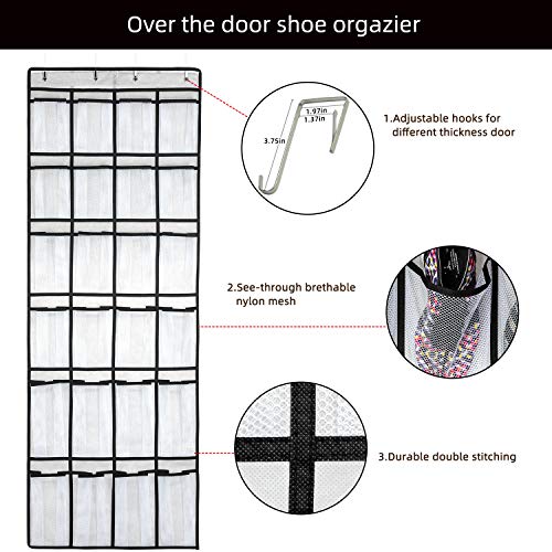 Over the Door Shoe Organizer with 24 Large Mesh Pockets, White Hanging Storage