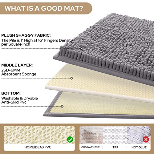 HOMEIDEAS 3-Piece Chenille Bathroom Rug Set, Soft Absorbent & Non-Slip Bath Mats, Grey