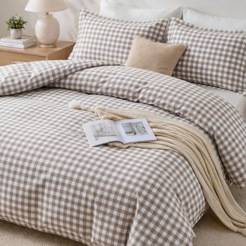 Brown Gingham Duvet Cover Set Queen Size - Soft Microfiber Bedding
