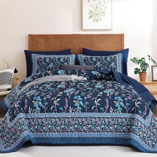 Floral Quilt Set King Size - 3-Piece Navy Blue Botanical Bedspread