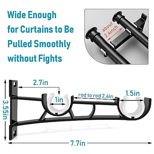 Heavy Duty Double Curtain Rod Brackets for 1 Inch Rods, 3 Pack Black