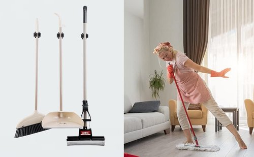 JAMEND Heavy-Duty Broom and Mop Holder - 9PCS Wall-Mounted Organizer Rack in Matte Black
