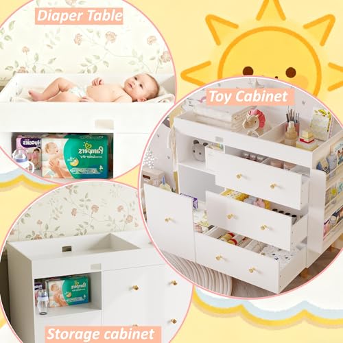Wooden Baby Changing Table Dresser with 4 Drawers and Storage Shelves