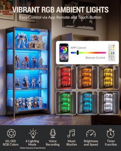 Zephome Black & Glass Double Door Display Cabinet with RGB LED Lights & Adjustable Shelves