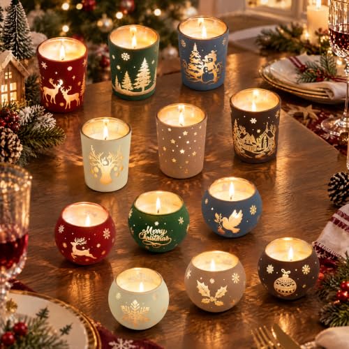 Everloria Christmas Hollow Pattern Candle Countdown Set - 12 Scented Soy Candles with Festive Designs