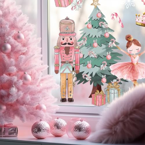 Whaline Pink Nutcracker Window Clings Gift Set – 6 Sheets Christmas Decor for Windows