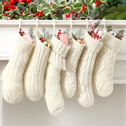Chicingyou 6-Piece Cable Knit Christmas Stockings — 18" & 14" Ivory Rustic Farmhouse Mantel Set