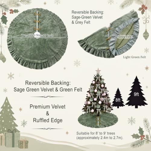 60-Inch Sage Green Velvet Christmas Tree Skirt with Bows & Ruffled Edge