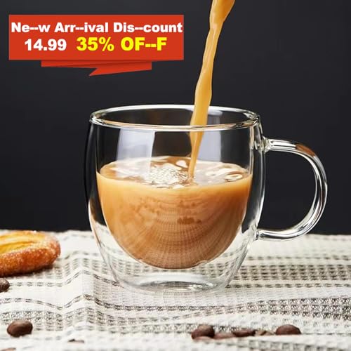 Mfacoy Double Wall Insulated Glasses Set of 4 - 5 oz Clear Coffee Cups with Handle
