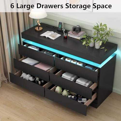 6-Drawer Dresser with Charging Station and LED Lights