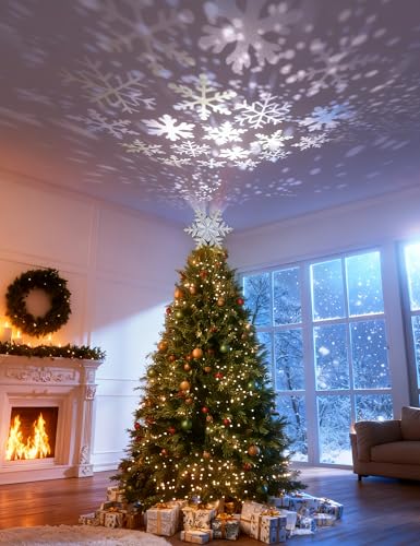 Silver Christmas Tree Topper with Built-in Rotating Snowflake LED Projector