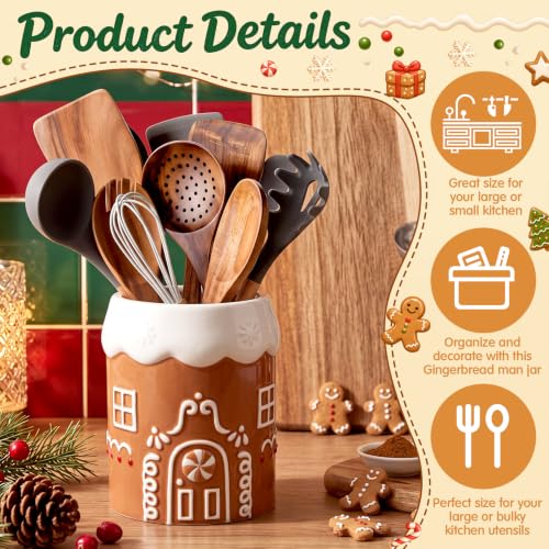 6.3" Gingerbread House Ceramic Utensil Holder, Christmas Kitchen Crock
