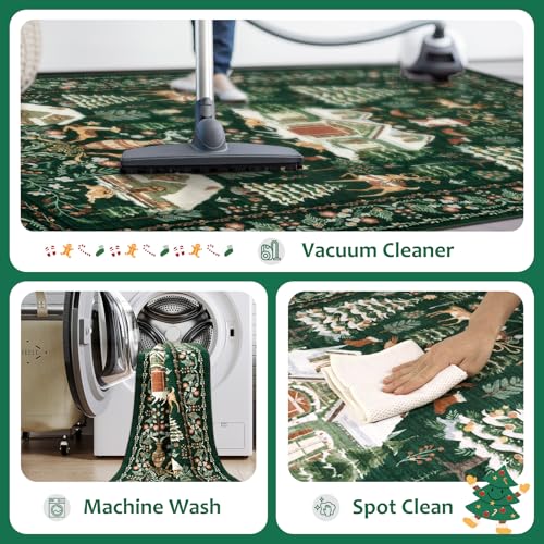 LIVEBOX 4x6 Green Christmas Rug with Santa Deer & Tree, Non-Slip Vintage Indoor Carpet