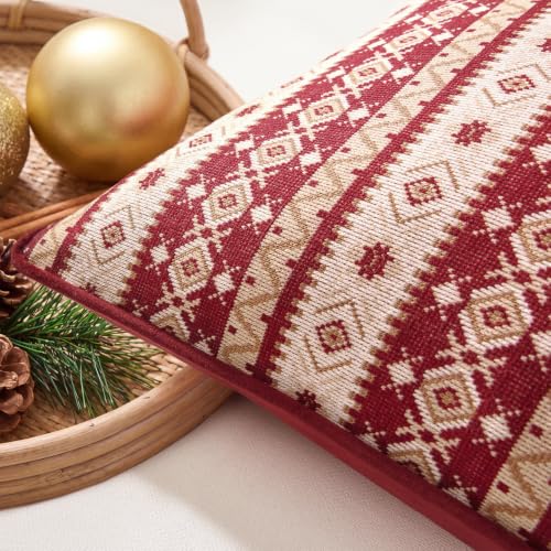 Kevin Textile Christmas Lumbar Pillow Cover 20x12in Red with Velvet Piping, Snowflake Design