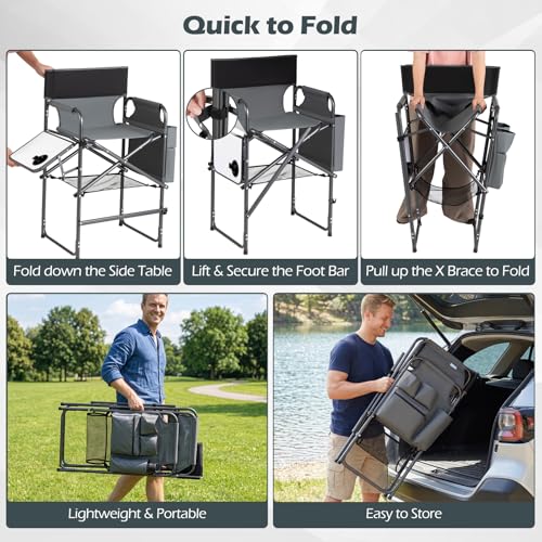 Folding Tall Director Chair with Side Table and Storage Pockets, 26" Seat