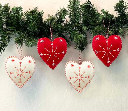 Meygajoe Felt Heart Ornaments 4pcs - Handmade Red & White Holiday Decorations