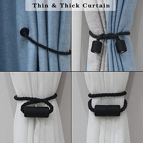 Magnetic Curtain Tiebacks 2 Pack - Black Woven Rope Holdbacks No Drill