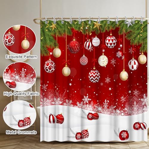Red Christmas Shower Curtain 72x72 Inches Waterproof Fabric with Hooks