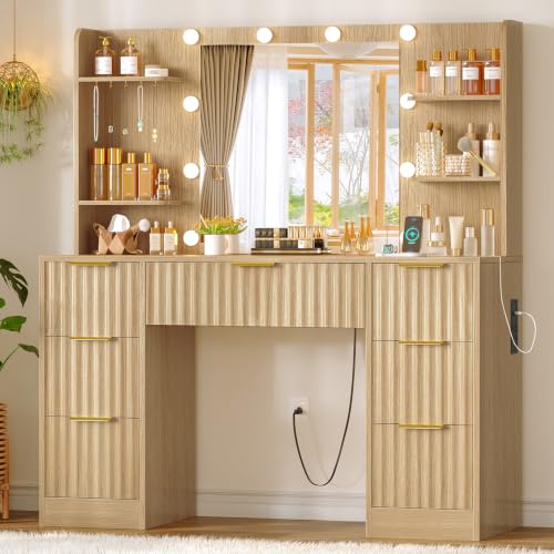 Fluted Vanity Desk with Mirror, LED Lights, Power Outlet & 7 Drawers