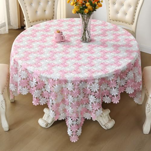 Pink Crochet Tablecloth 60x60 inches Farmhouse Floral Lace Cover for Round or Square Table - Pink-White