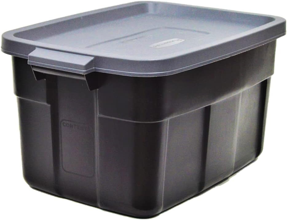 Rubbermaid Heavy Duty Black Storage Bins - Durable, Stackable Plastic Totes with Lids | 14 GAL, 6 Pack