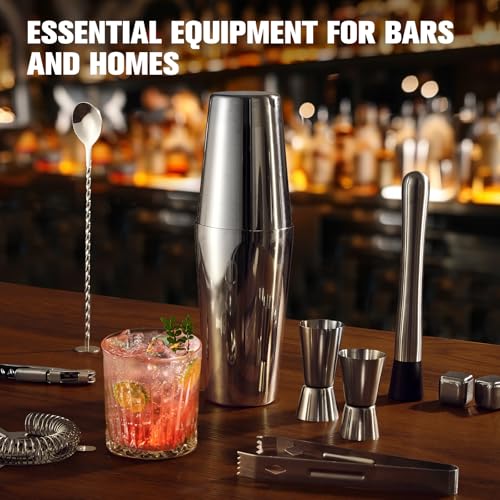 KINGROW Silver Cocktail Shaker Set 23-Piece Bartender Kit with Stand, Professional Bar Tools
